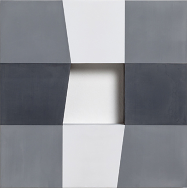 THREE IDENTICAL SHAPES: VERTICAL AXIS (B), 201630 x 30 x 4,5 cmAcrylic with marble powder on plywood