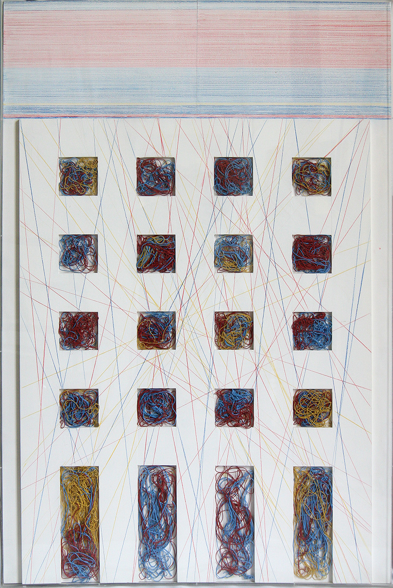 Fassadenrelief mit schrägen Farbformen, 1979151 x 101 cmKunststoffisolierte Kupferdrähte, Farbstifte auf Spanplatte, Plexiglas