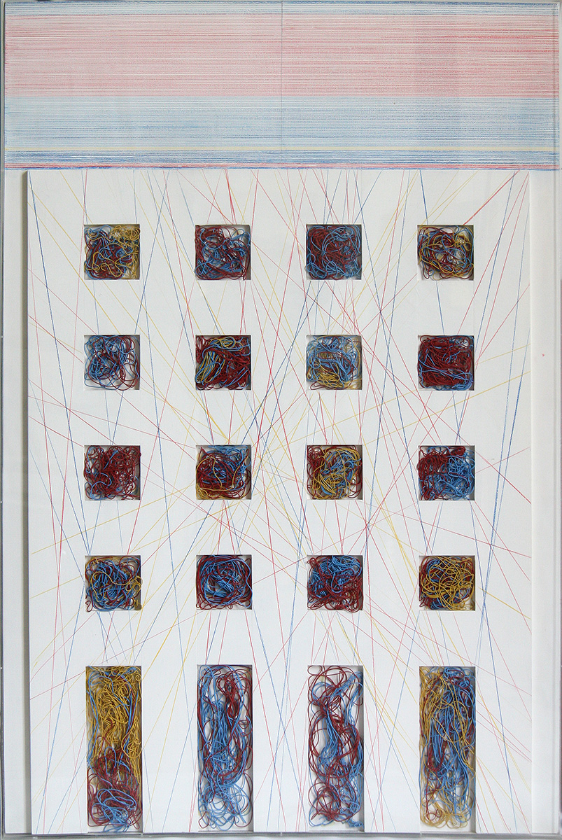 Fassadenrelief mit schrägen Farbformen, 1979151 x 101 cmplastic-insulated copper wires, coloured pencils on plywood, plexi glass