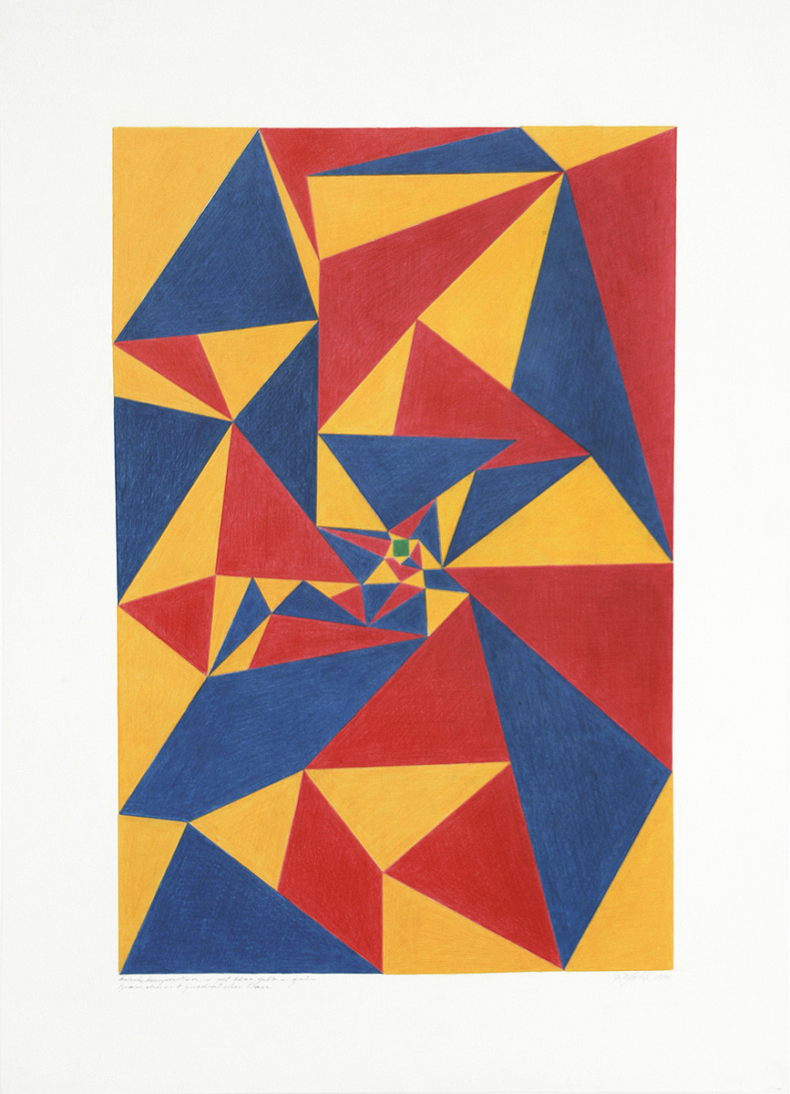 Pyramiden mit quadratischer Oase, 199069,5 x 46,2 cm auf 90 x 65 cmColoured pencil on paper, signed