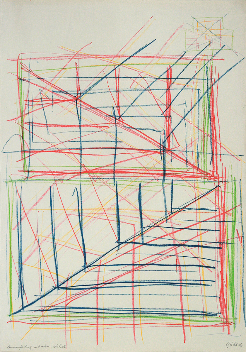 Raumaufteilung mit rechtem Winkel, 1986100 x 70 cmFarbstift auf Papier, signiert