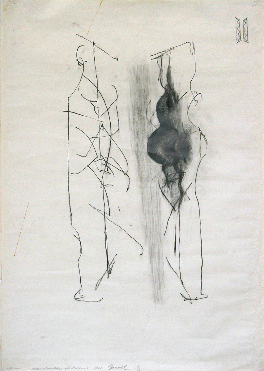 2 Figuren / stark räumliches Eindringen, 196499 x 70,5 cm in 108,1 x 78,9 cmBleistift auf Papier, signiert; gerahmt