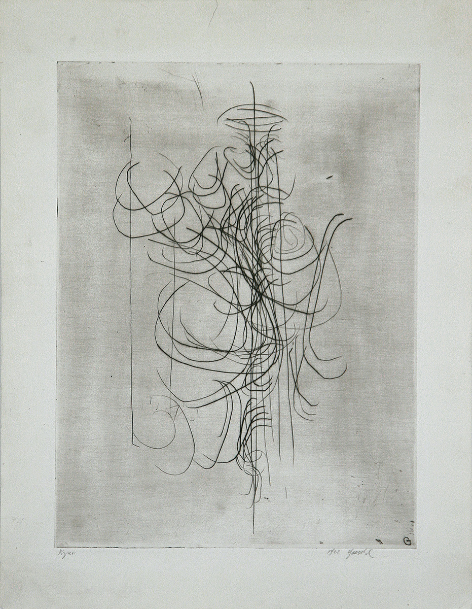 Figurenkonstruktion, 196119,6 x 15,3 cm auf 30,3 x 24,7 cmRadierung auf Papier, signiertAuflage: 20 Figurenkonstruktion, 196119,6 x 15,3 cm auf 30,3 x 24,7 cmRadierung auf Papier, signiertAuflage: 20