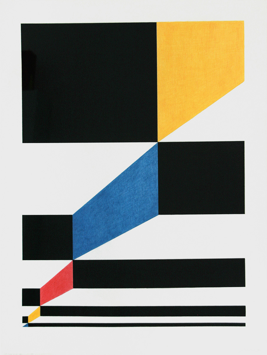 Schwarzweiß-blaurotgelbe Komposition, 199882 x 62 cm in 96,2 x 75,6 cmFarbstift, Collage auf Papier; gerahmt