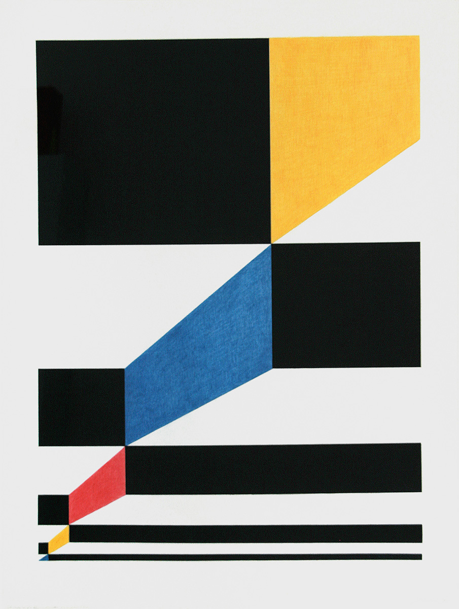 Schwarzweiß-blaurotgelbe Komposition, 199882 x 62 cm in 96,2 x 75,6 cmFarbstift, Collage auf Papier; gerahmt Schwarzweiß-blaurotgelbe Komposition, 199882 x 62 cm in 96,2 x 75,6 cmFarbstift, Collage auf Papier; gerahmt