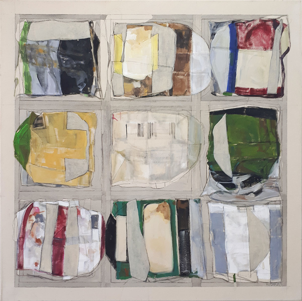 Ohne Titel, 2023100 x 100 cm, gerahmt in 102 x 102 cmMischtechnik auf Baumwolle; gerahmt