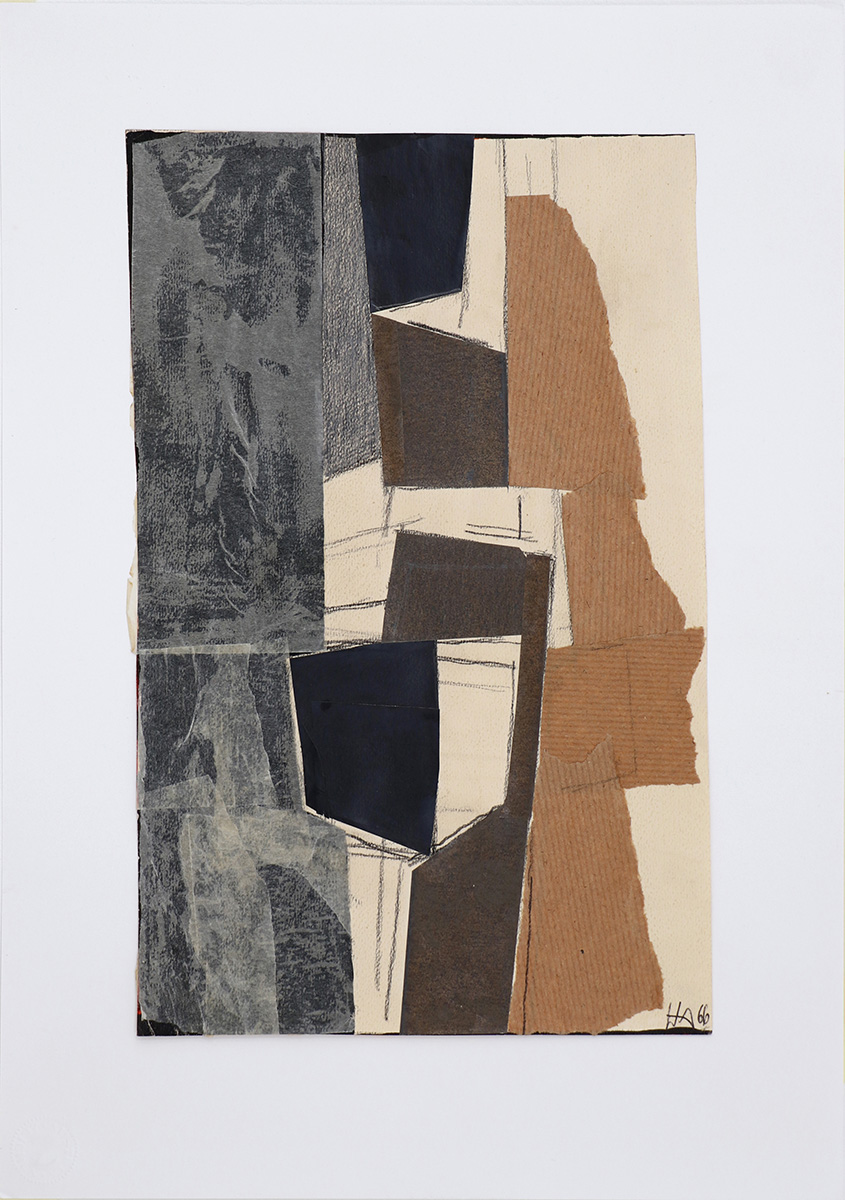 Ohne Titel, 196642 x 30 cm in 53,5 x 41,5 cmPapiercollage; Nussholz-Rahmung, Museumsglas