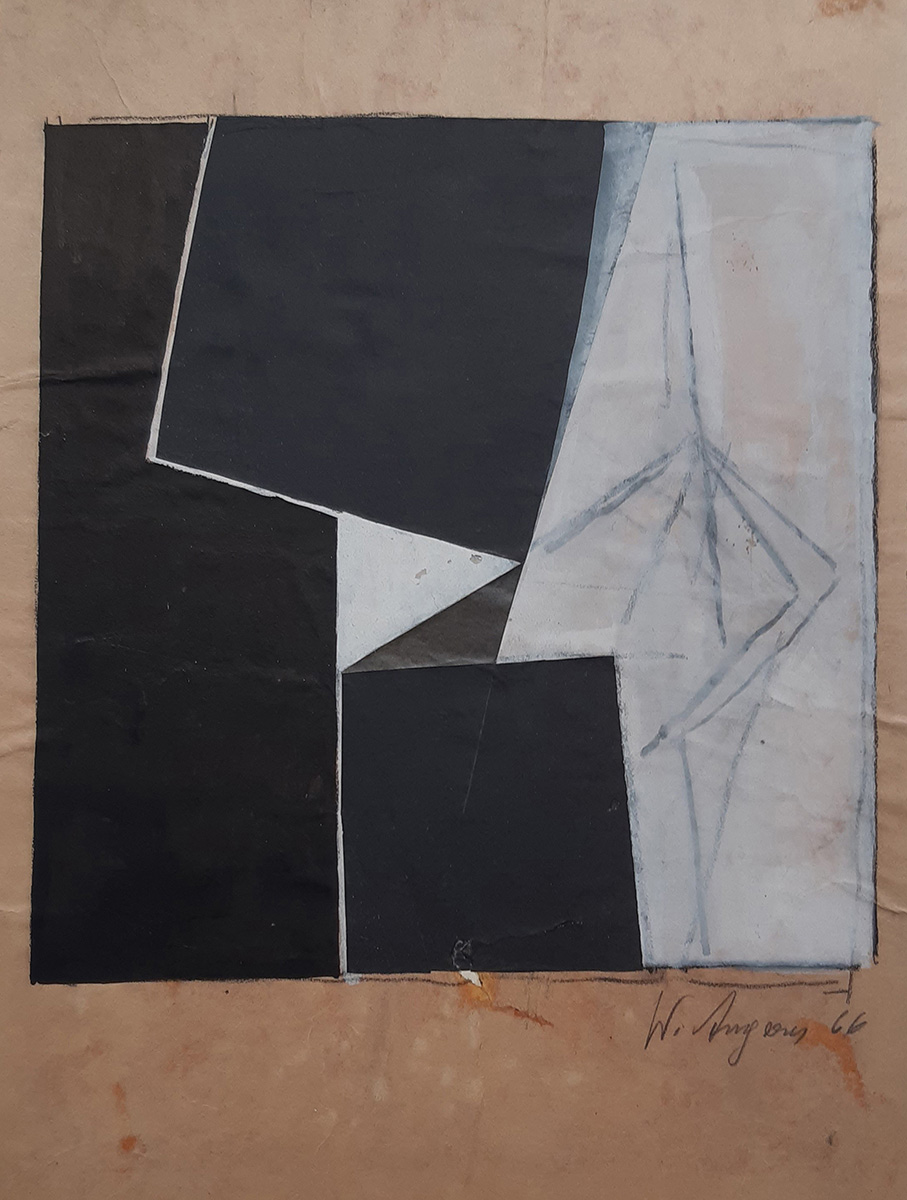 Ohne Titel, 196641,5 x 30 cm in 53,5 x 41,5 cmPapiercollage; Nussholz-Rahmung, Museumsglas