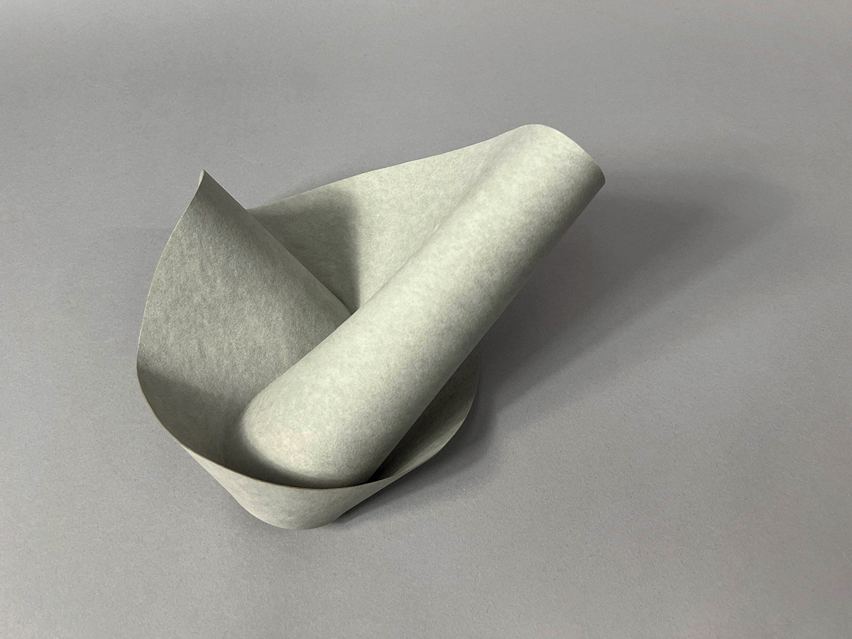 Elliptische Einfalt mit loser Einfachverdrehung 02, 201937 x 37 x 14 cmvulcanised cellulose, greyEdition: 1/3 Elliptische Einfalt mit loser Einfachverdrehung 02, 201937 x 37 x 14 cmvulcanised cellulose, greyEdition: 1/3