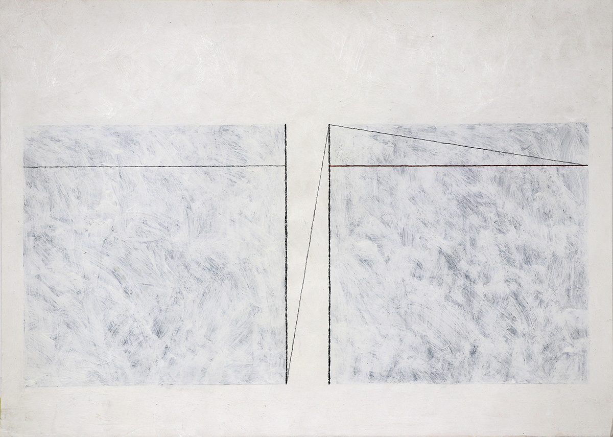 Symmetrie-Asymmetrie 2, 1977/201049,4 x 69,7 cm in 55,4 x 75,4 cmGouache, Bleistift, Kreide auf Zeichenkarton; Holzrahmen,  Museumsglas