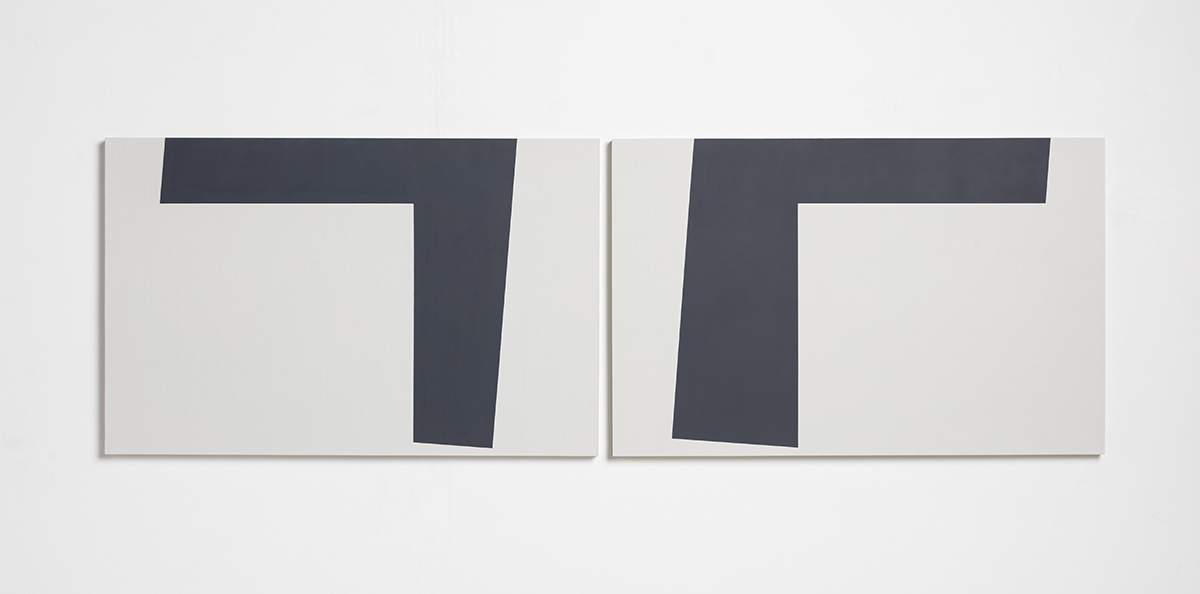 Right Angles II, 1999/2020each 45,7 x 71,1 cmAcrylic with marble powder on hardboardDiptych: overall width 142,7 cm
