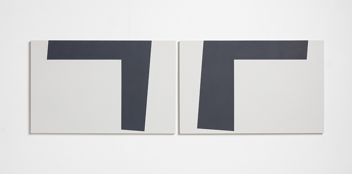 Right Angles II, 1999/2020each 45,7 x 71,1 cmAcrylic with marble powder on hardboardDiptych: overall width 142,7 cm Right Angles II, 1999/2020each 45,7 x 71,1 cmAcrylic with marble powder on hardboardDiptych: overall width 142,7 cm