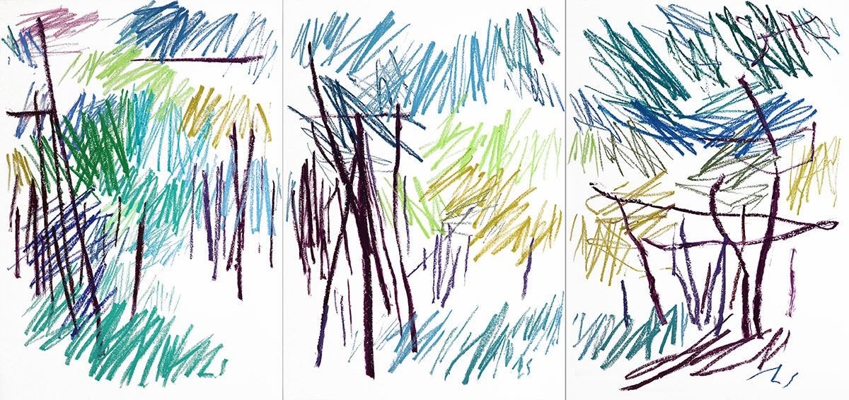 WienerWaldWeg, 2024, triptychon59,5 x 124,5 x 4 cmOil stick on paper, on wood