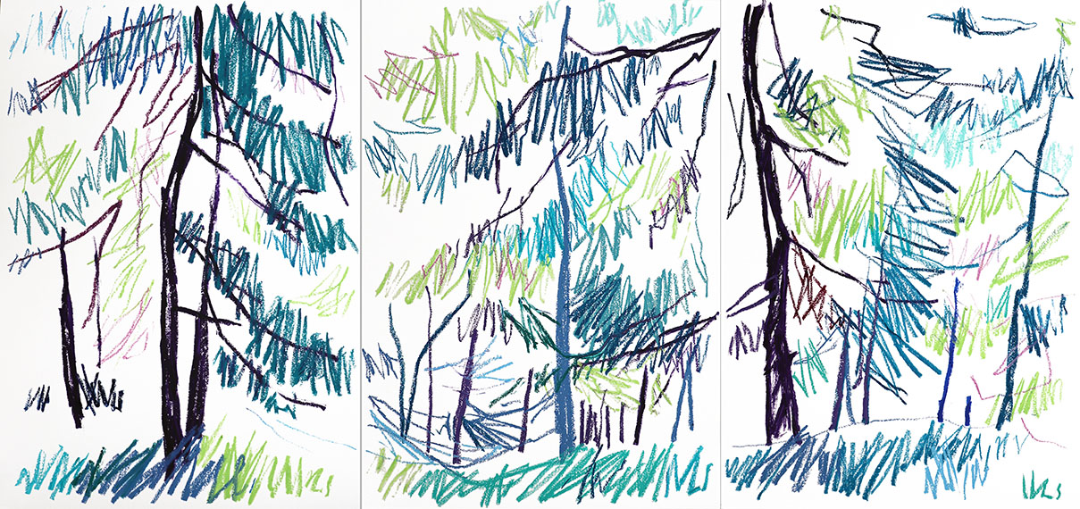 LaerchenWald, 202469 x 297 x 4 cmOil stick on paper, on wood