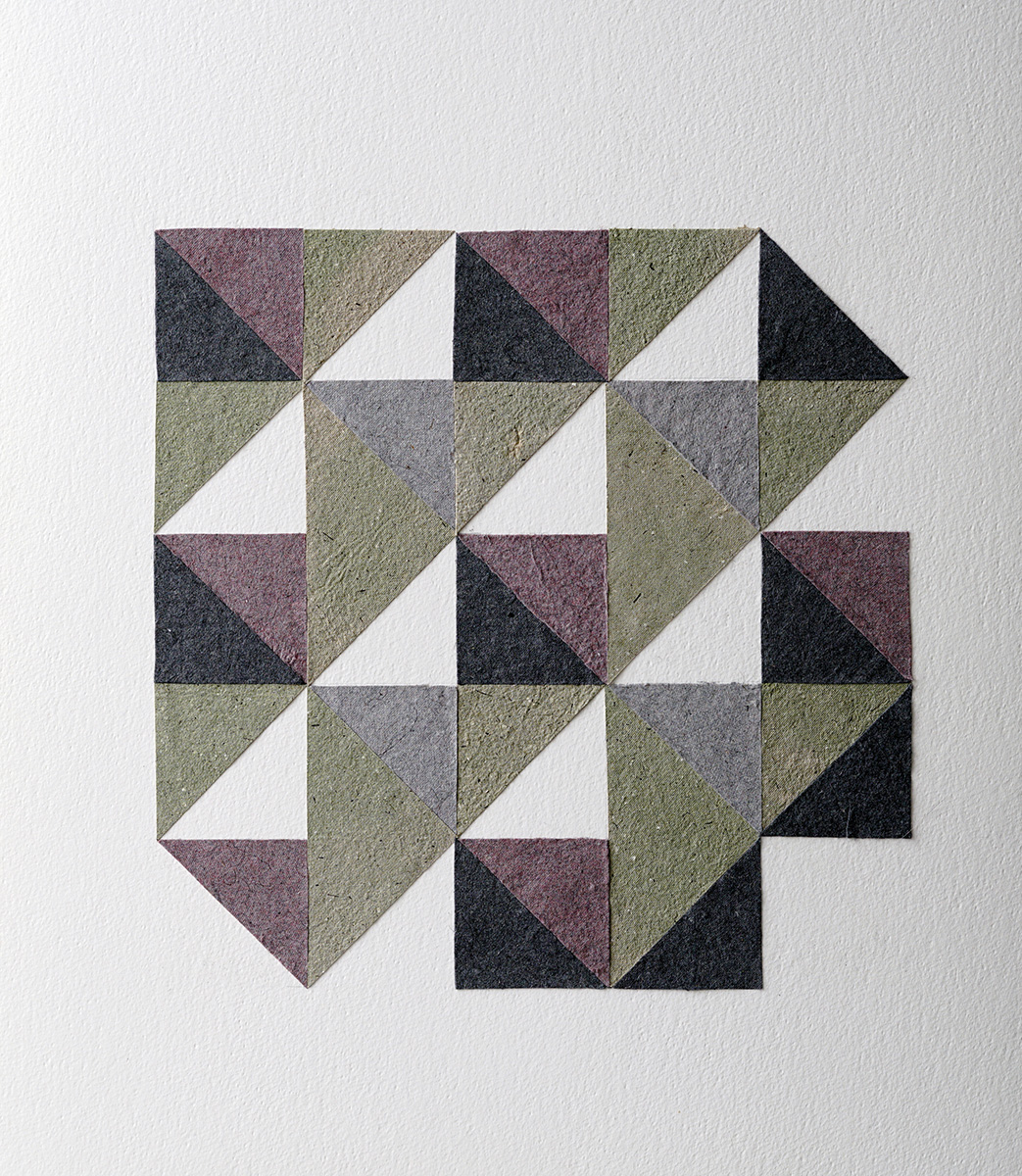 TRIANGLES 2, 201760 x 55 cm in 65 x 60 cmSelf made paper from the waste of her garden and dust from her dryer; framed TRIANGLES 2, 201760 x 55 cm in 65 x 60 cmSelf made paper from the waste of her garden and dust from her dryer; framed