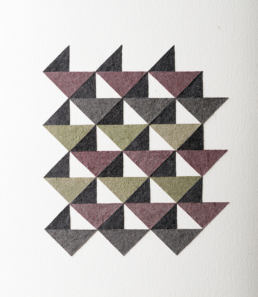 TRIANGLES 5, 201760 x 55 cm in 65 x 60 cmSelf made paper from the waste of her garden and dust from her dryer; framed TRIANGLES 5, 201760 x 55 cm in 65 x 60 cmSelf made paper from the waste of her garden and dust from her dryer; framed