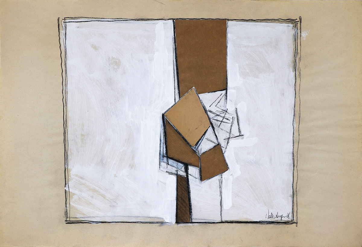 Ohne Titel, 196842 x 60 cm in 53,5 x 71 cmPapiercollage; Nussholz-Rahmung, Museumsglas