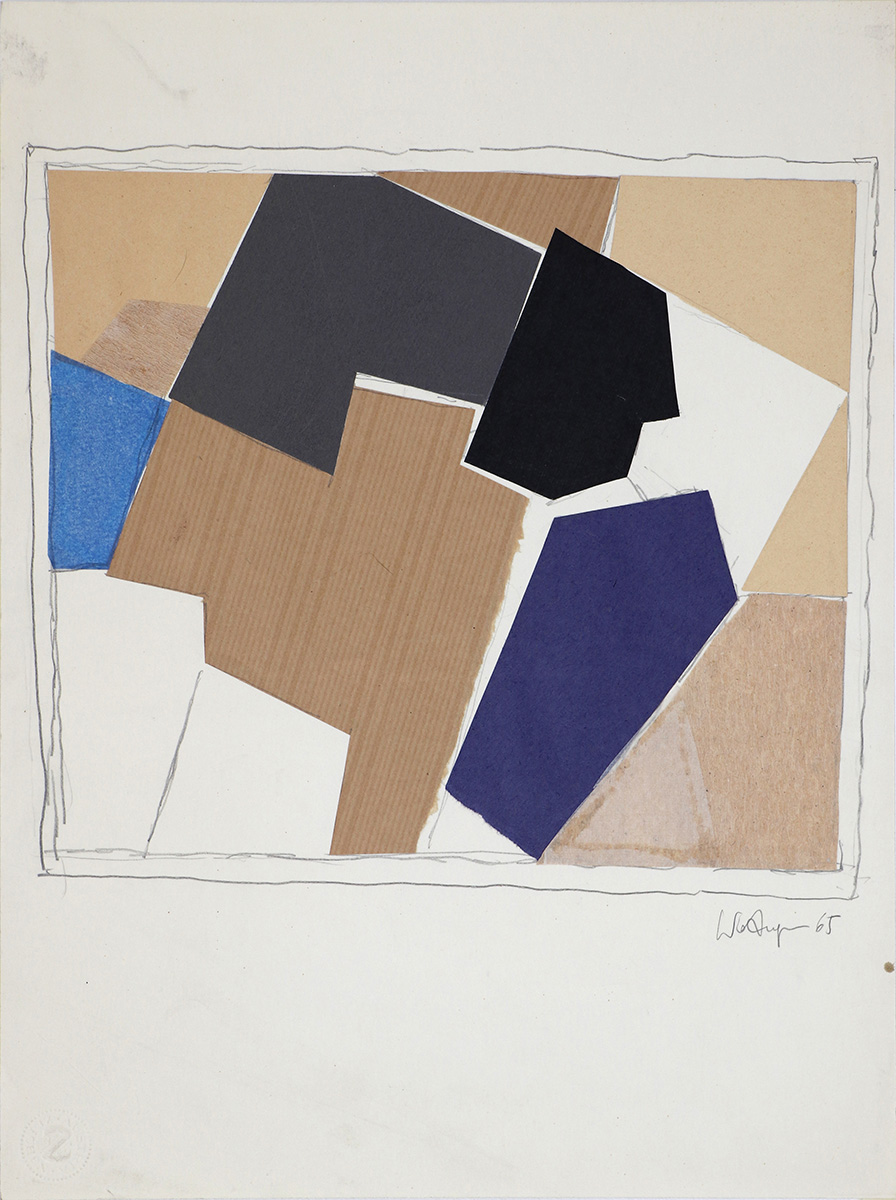 Ohne Titel, 196540 x 30 cm in 53,5 x 41,5 cmPapiercollage; Nussholz-Rahmung, Museumsglas