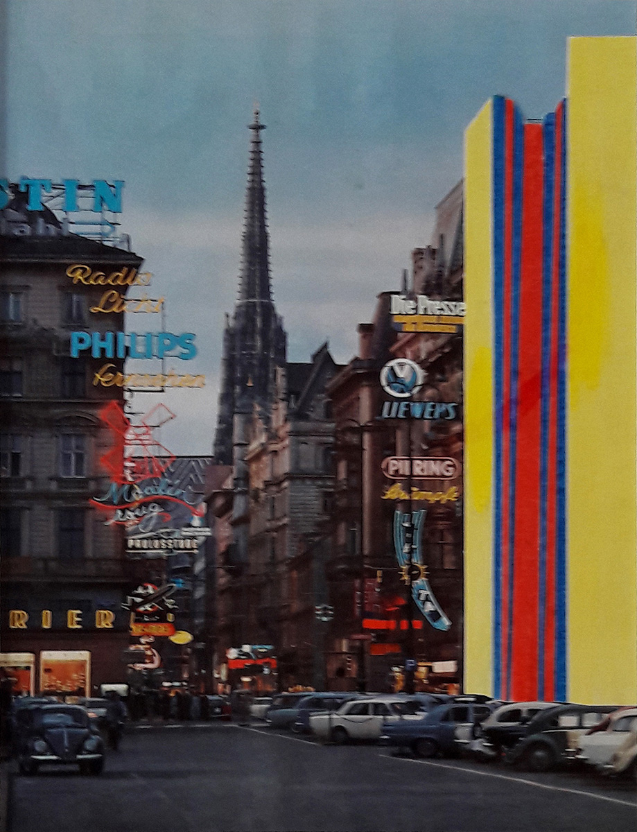 Ohne Titel (Raumgestaltung Wien), undatiert, Ende 1960/Anfang 197026 x 19 cm in 65,3 x 50 cmFoto-Montage in Passepartout