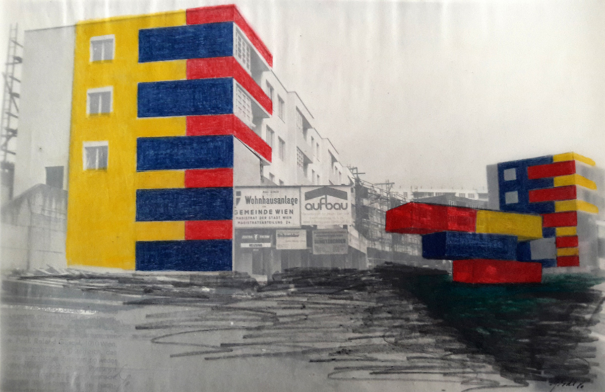 Ohne Titel (Fassadengestaltung Wohnhausanlage Gemeinde Wien), undatiert, Ende 1960/Anfang 197025 x 38 cm in 29,5 x 40,5 cmFoto, Farbstift auf Transparentpapier