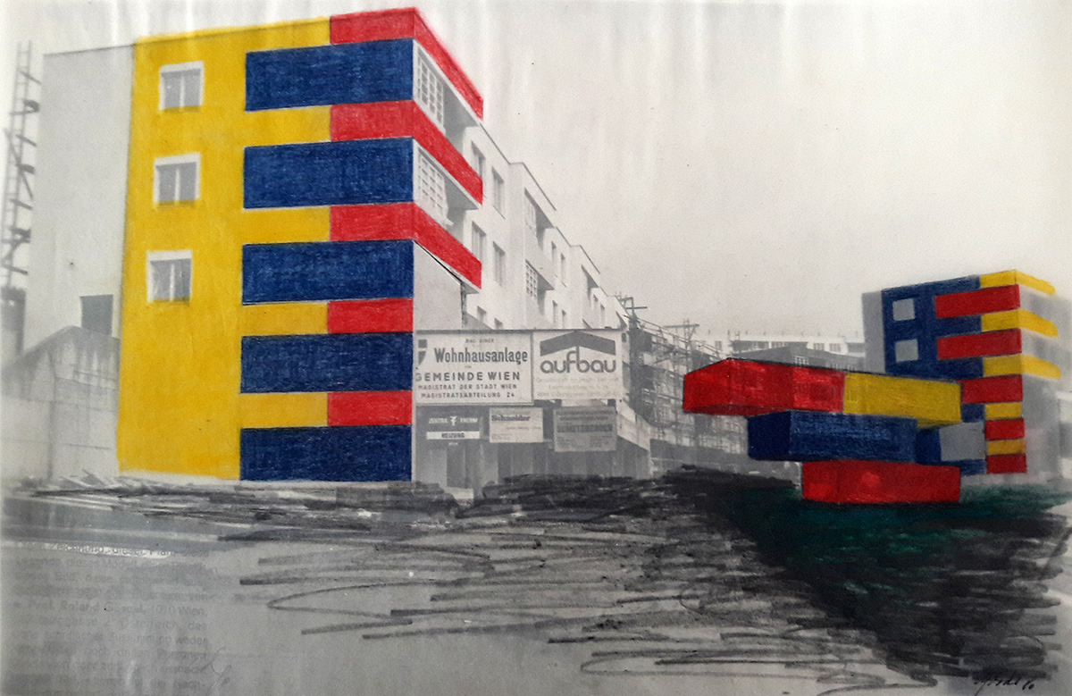 Ohne Titel (structural-facings design residential neighbourhood Vienna), undated, late 1960s/early 1970s25 x 38 cm in 29,5 x 40,5 cmPhoto, coloured pencil on transparent paper Ohne Titel (structural-facings design residential neighbourhood Vienna), undated, late 1960s/early 1970s25 x 38 cm in 29,5 x 40,5 cmPhoto, coloured pencil on transparent paper